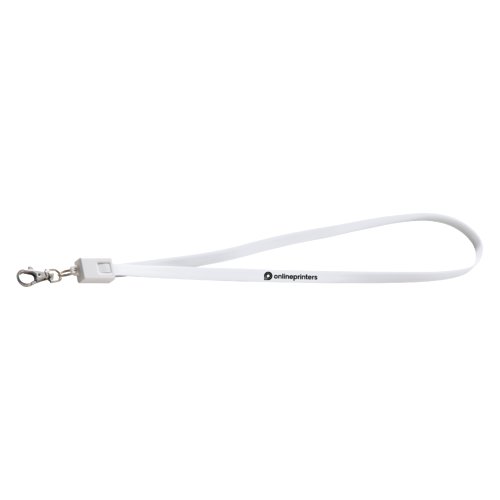 Lanyard blanc en polyester avec mousqueton et cble de charge universel.