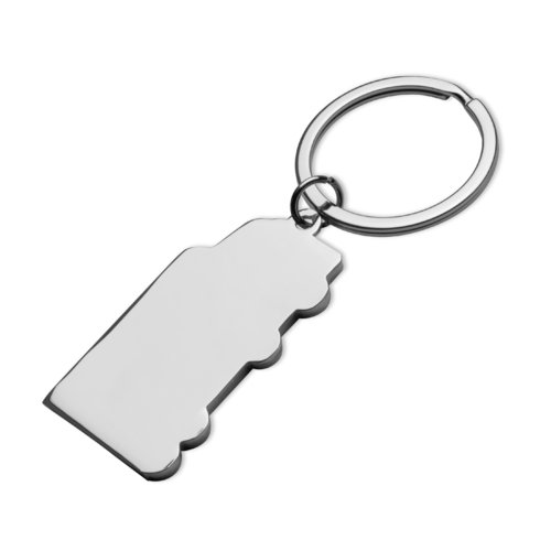 Porte-cls en mtal gris avec motif et anneau.