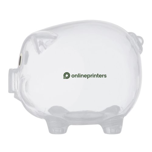 Tirelire transparente en plastique en forme de cochon.
