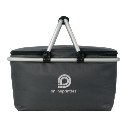 Panier de courses gris avec fonction de refroidissement et poignes.