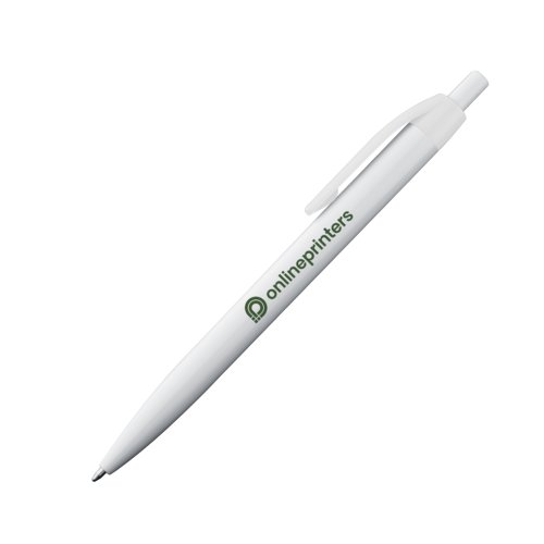 Stylo  bille en plastique blanc avec clip et bouton poussoir.