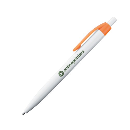 Stylo  bille orange en plastique avec clip et bouton poussoir.