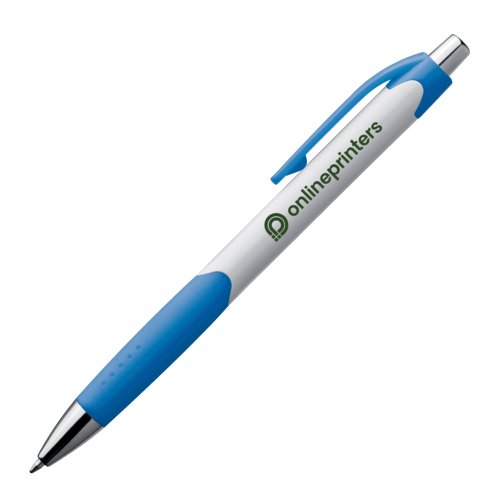 Stylo  bille en plastique bleu avec clip et bouton poussoir.