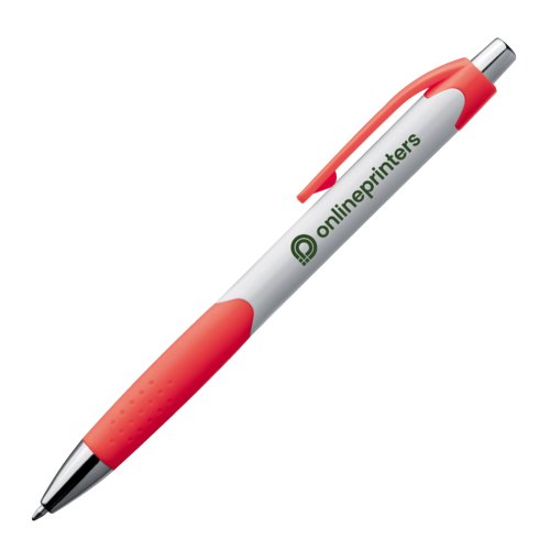 Stylo  bille rouge en plastique avec clip et bouton poussoir.