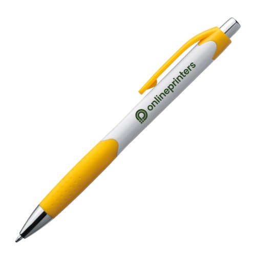 Stylo  bille jaune en plastique avec clip et bouton poussoir.