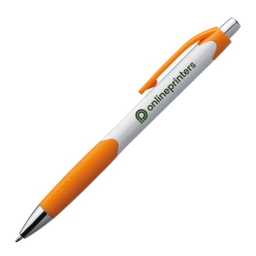 Stylo  bille en plastique orange avec clip et bouton poussoir.