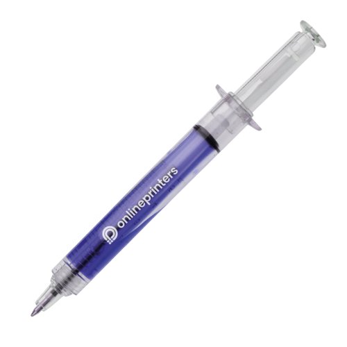 Stylo  bille en plastique bleu en forme de seringue avec mcanisme  poussoir.