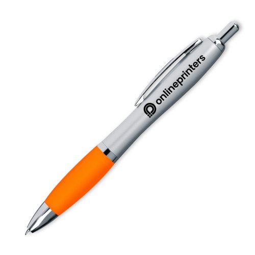 Stylo  bille orange en plastique avec clip et bouton-poussoir.