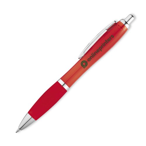 Stylo  bille rouge en plastique avec clip et bouton-poussoir.