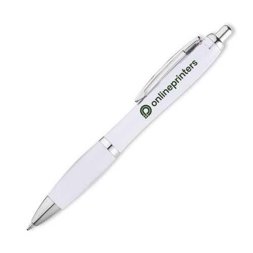 Stylo  bille blanc en plastique avec clip et bouton poussoir.