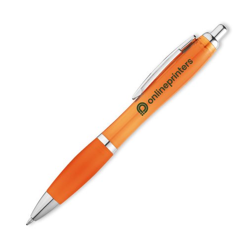 Stylo  bille en plastique orange avec clip et bouton poussoir.