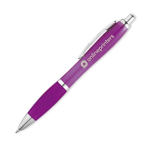 Stylo  bille violet en plastique avec clip et bouton poussoir.