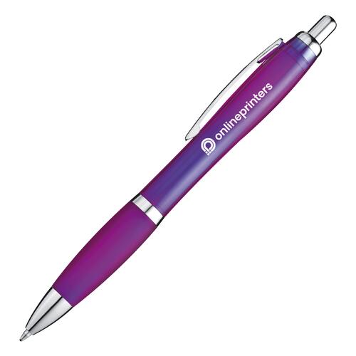 Stylo � bille violet en plastique avec clip et bouton poussoir.