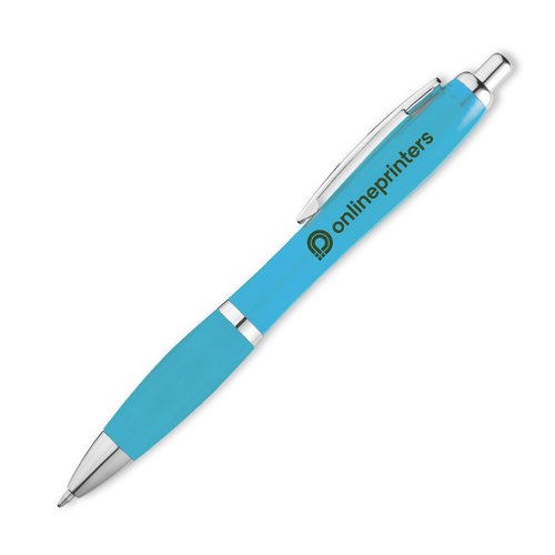 Stylo  bille bleu clair avec clip et bouton poussoir.