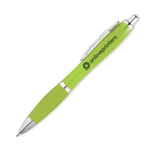 Stylo  bille en plastique vert pomme avec clip et bouton poussoir.