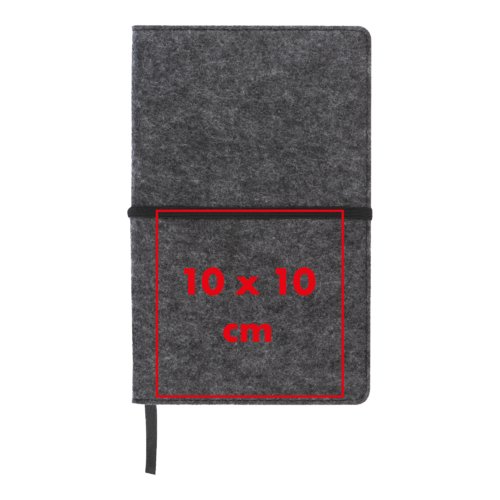 Carnet en feutre gris avec fermeture lastique et marque-page en ruban.
