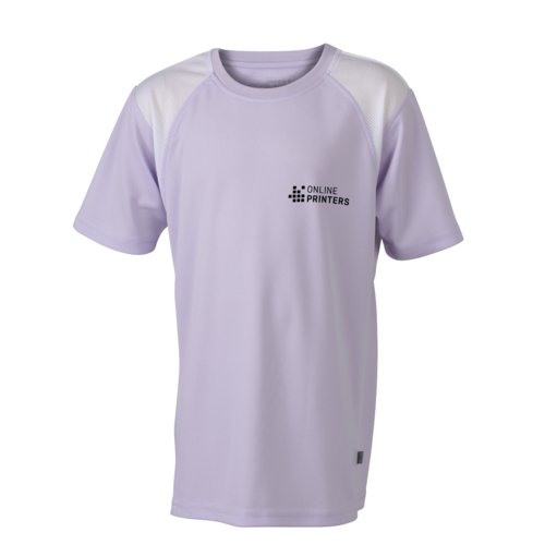 T-shirt de course lilas en polyester pour enfants avec manches courtes.