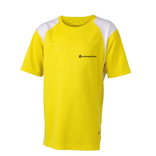 T-shirt de course enfant jaune/blanc en polyester � manches courtes.