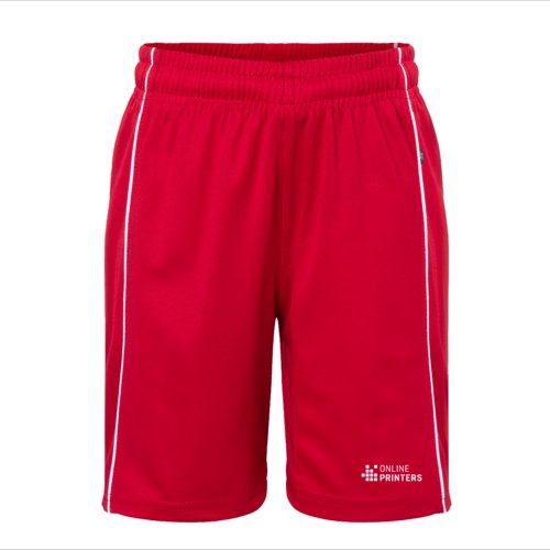 Short rouge en polyester avec ceinture lastique et bandes latrales contrastes.