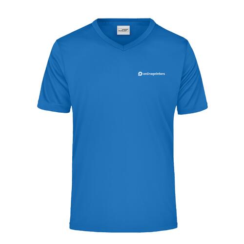T-shirt en polyester bleu roi � col en V pour hommes avec manches courtes.