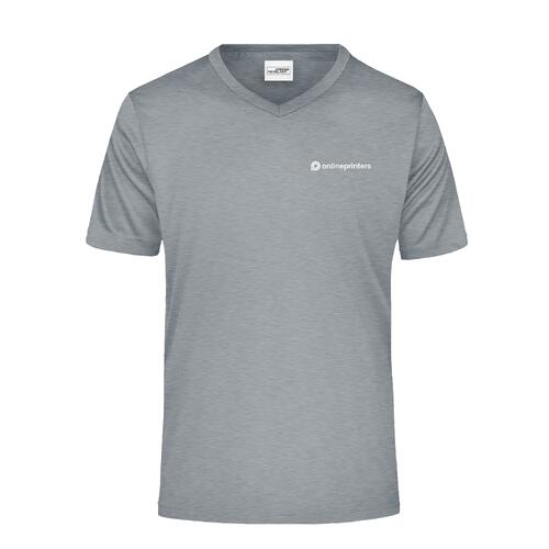 T-shirt � col en V en polyester gris chin� pour hommes.