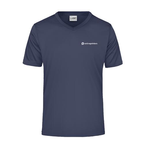 T-shirt bleu-noir en polyester � col en V et manches courtes.