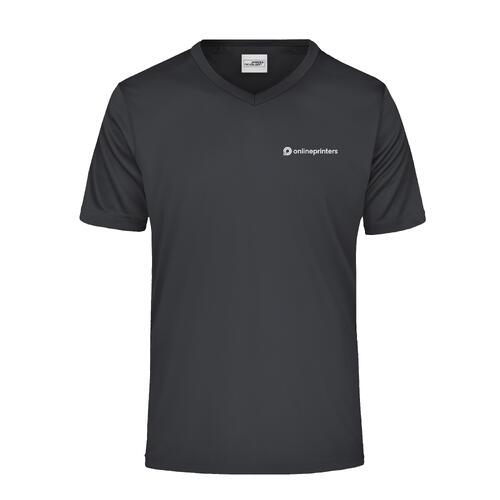 T-shirt noir en polyester � col en V et manches courtes.