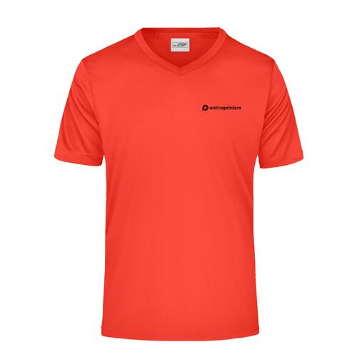 T-shirt rouge en polyester � col en V et manches courtes.