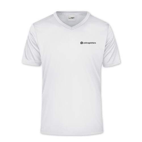 T-shirt blanc en polyester avec col en V et manches courtes.