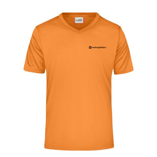 T-shirt orange en polyester � col en V pour homme avec manches courtes.