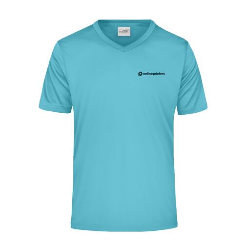 T-shirt turquoise en polyester � col en V pour hommes.