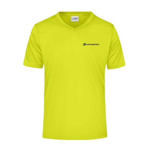 T-shirt � col en V pour homme, jaune n�on, en polyester, � manches courtes.