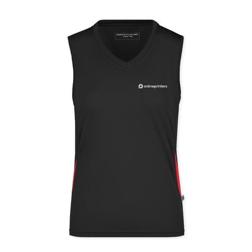 D�bardeur noir et rouge en polyester avec encolure en V pour femmes.