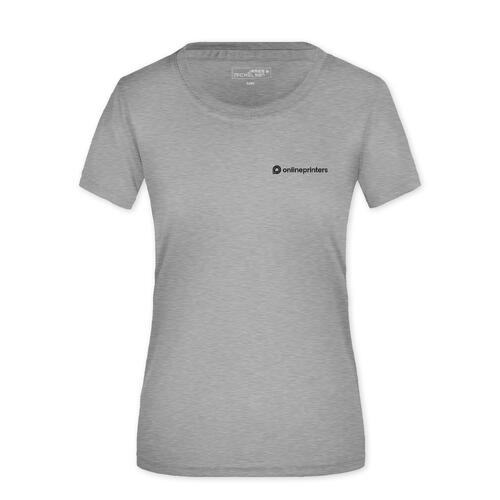 T-shirt pour femmes en polyester gris chin� avec manches courtes.