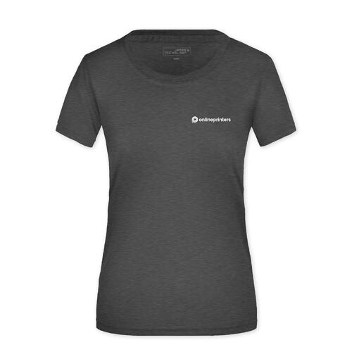 T-shirt en polyester chin� gris fonc� pour femme avec manches courtes.
