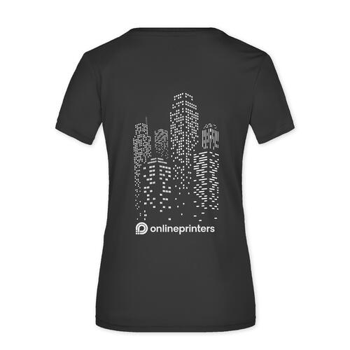 T-shirt noir en polyester pour femme avec manches courtes.