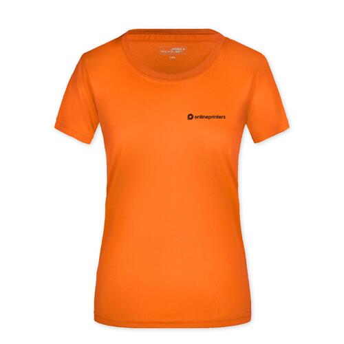 T-shirt orange en polyester pour femmes � manches courtes.