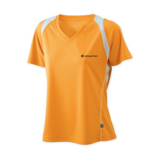 T-shirt de course orange pour femmes en polyester avec col en V.