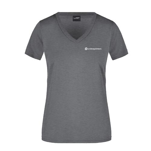 T-shirt en polyester chin� gris fonc� � col en V pour femmes.
