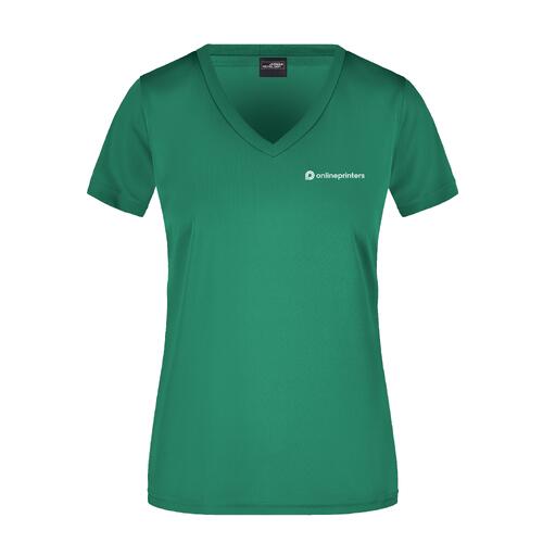 T-shirt de sport vert pour femme avec col en V et manches courtes.