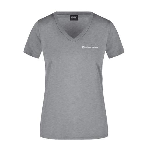 T-shirt en polyester gris chin� � col en V pour femme.
