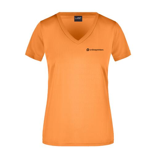 T-shirt orange en polyester avec col en V pour femmes.