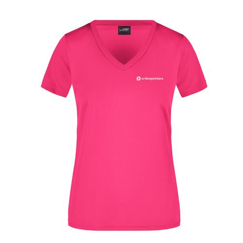 T-shirt rose en polyester pour femmes avec col en V et manches courtes.