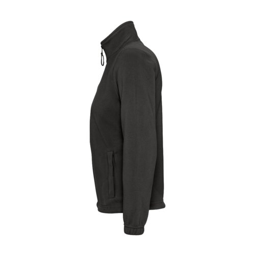 Veste polaire noire en polyester avec fermeture clair intgrale et poches latrales pour femmes.