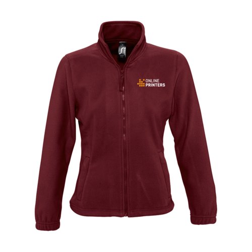 Veste polaire bordeaux pour femme en polyester avec fermeture clair intgrale et poches.