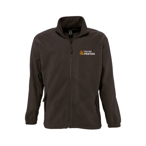Veste en polaire polyester marron fonc avec fermeture clair intgrale et poches latrales.