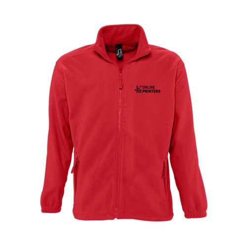 Veste polaire rouge en polyester avec fermeture clair intgrale.