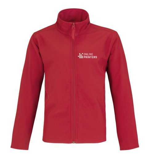 Veste softshell rouge en polyester et lasthanne avec fermeture clair intgrale.