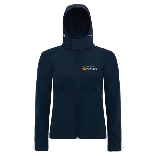 Veste softshell bleu marine en polyester et lasthanne avec capuche et fermeture clair.