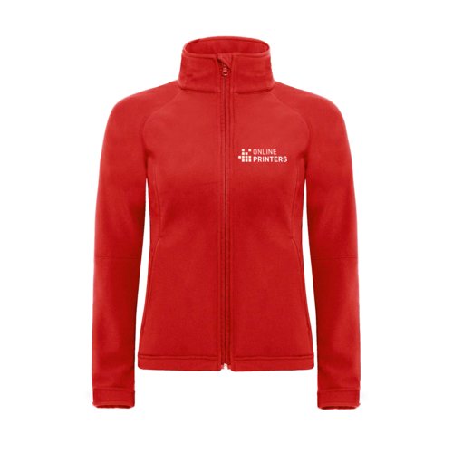 Veste softshell rouge en polyester et lasthanne avec fermeture clair intgrale.